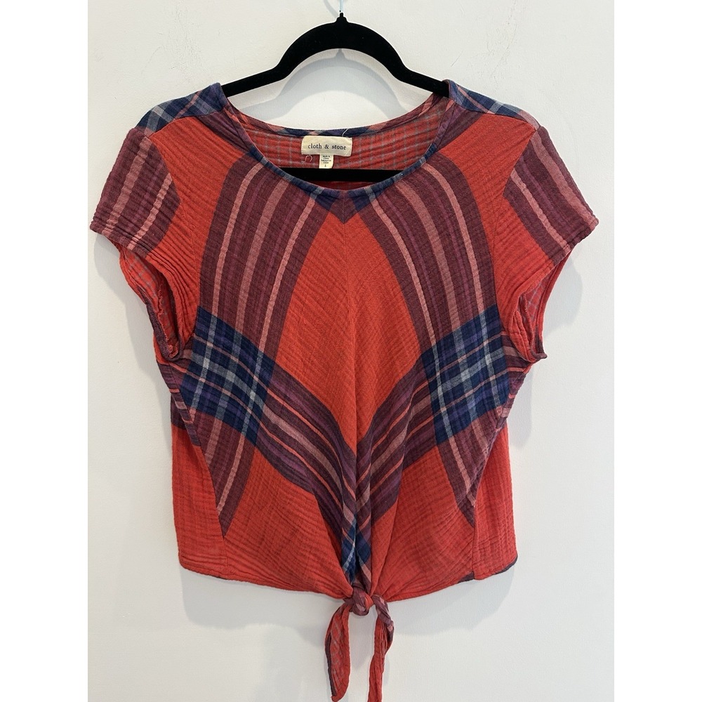 Cloth & Stone Women's Plaid 100% Cotton Tie Bottom Crop Top Size L